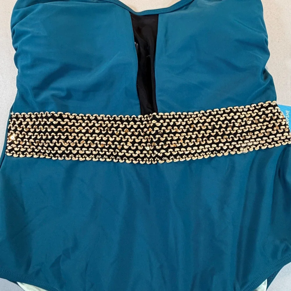 Cupshe Teal‎ Blue One Piece Swimsuit Mesh Plunge Gold Belt Tummy Contouring NEW